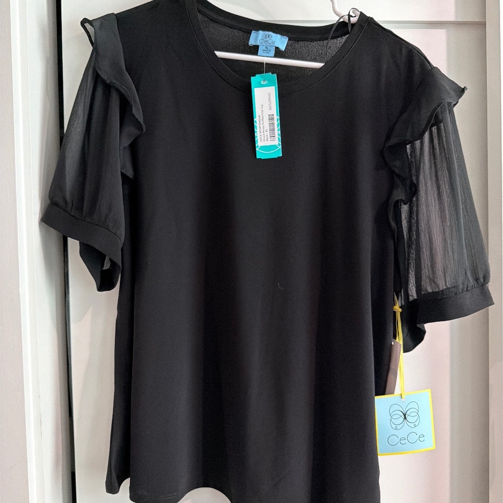 CeCe mixed media ruffled knit top